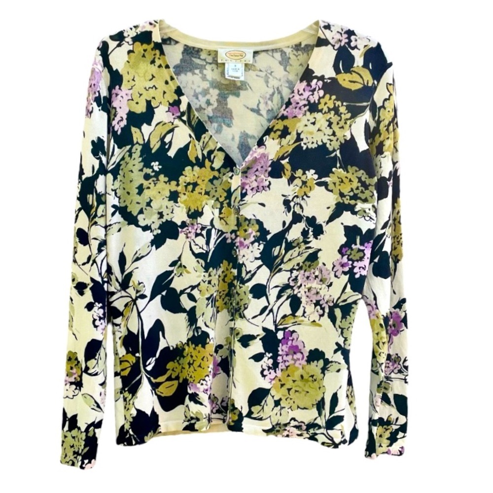 Talbots Petites Silk Cardigan Sweater. Lightweight With Floral Print Size Small